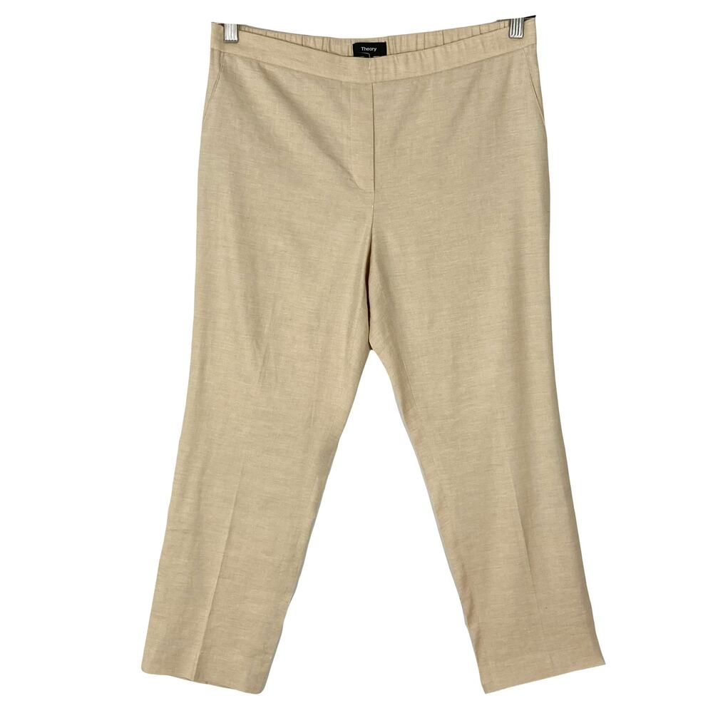 Nwot THEORY Pants Women 10 Beige Linen Pleated Faux-Pockets Cropped Style